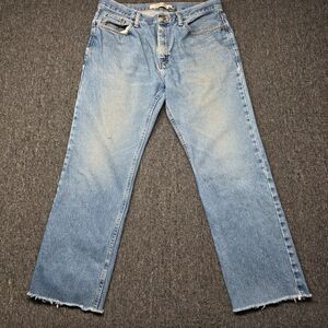 Urban Up Blue Denim Jeans Mens 36 Straight Fit 100% Cotton Distressed Raw Hem